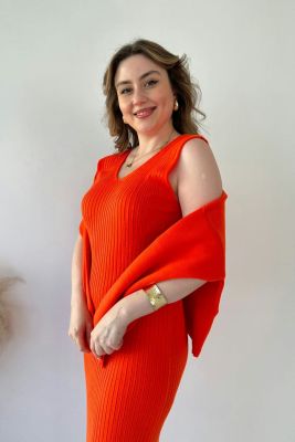 Kısa Kazaklı Triko Elbise Oranj - Thumbnail