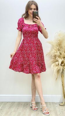 MaziButik - Kısa Kol Çıtır Desen Gipeli Kloş Elbise Kırmızı