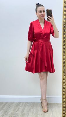 MaziButik - Kısa Kol Saten Elbise Kırmızı
