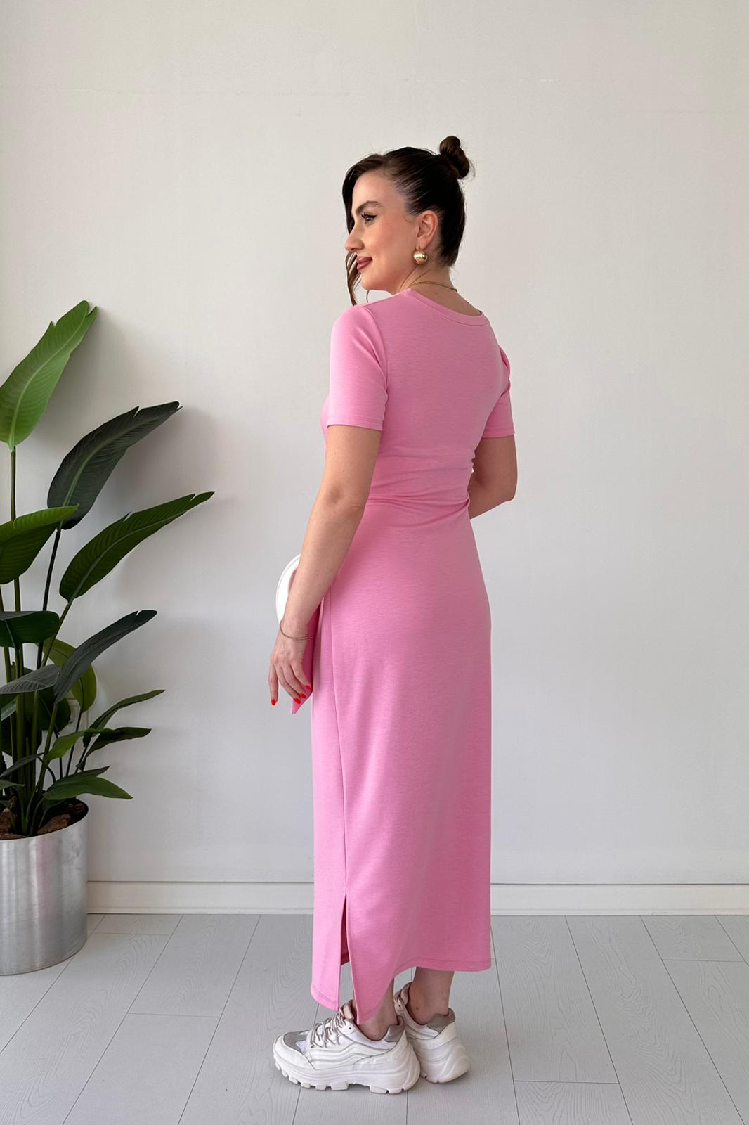Kısa Kollu Bağlama Elbise Pembe - Thumbnail