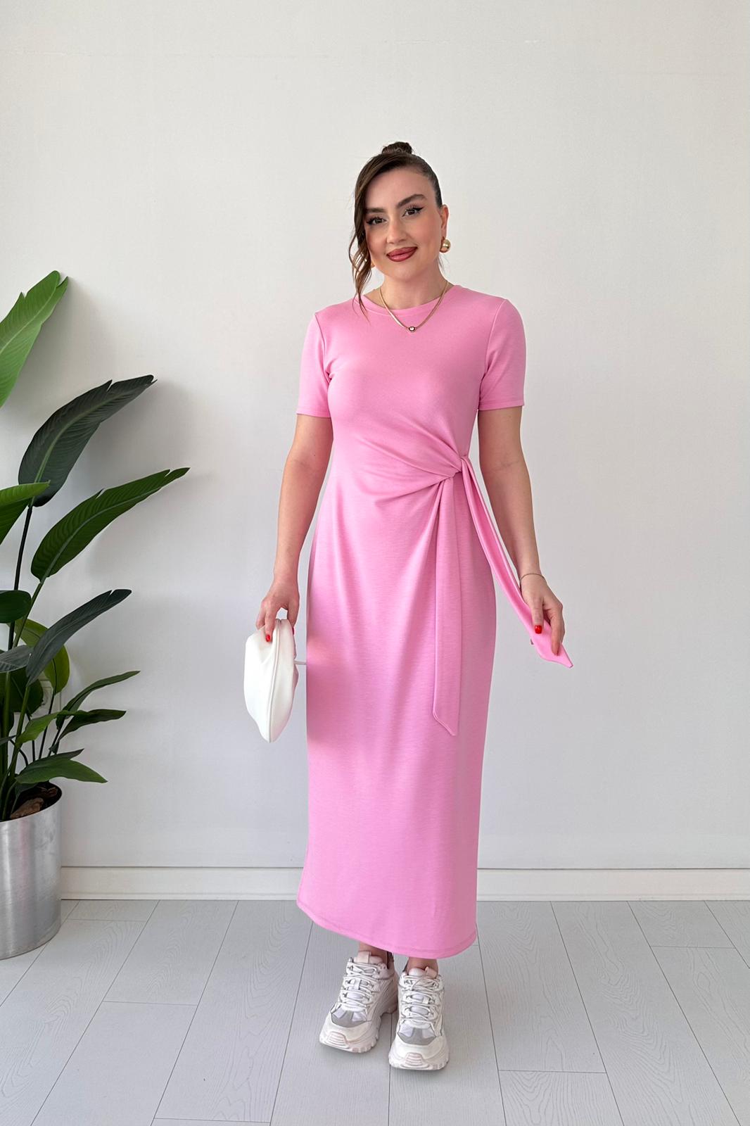 Kısa Kollu Bağlama Elbise Pembe - Thumbnail