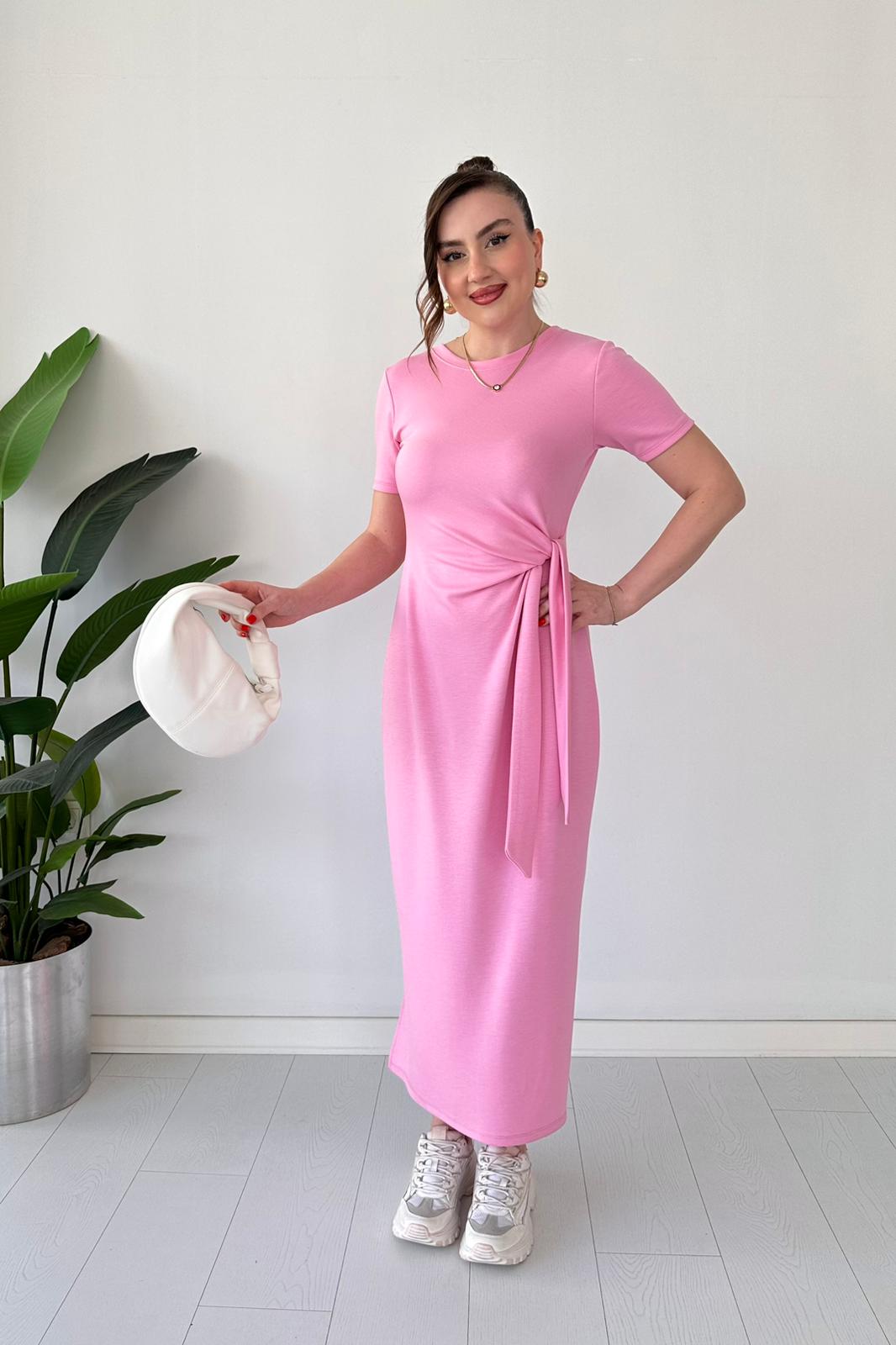 Kısa Kollu Bağlama Elbise Pembe - Thumbnail