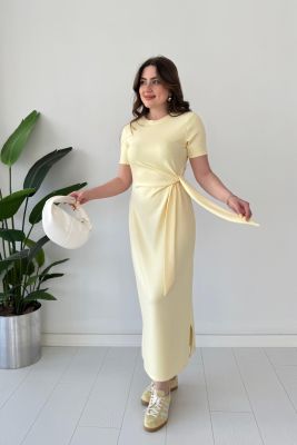 Kısa Kollu Bağlama Elbise Sarı - Thumbnail