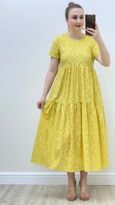 Kısa Kollu Fisto Elbise Sarı - Thumbnail