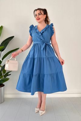 Kol Fırfır Poplin Elbise Mavi - Thumbnail