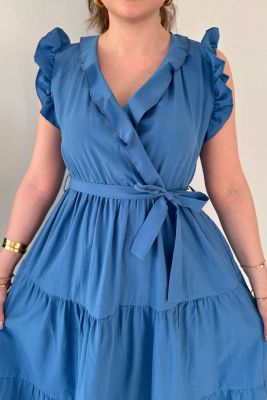 Kol Fırfır Poplin Elbise Mavi - Thumbnail