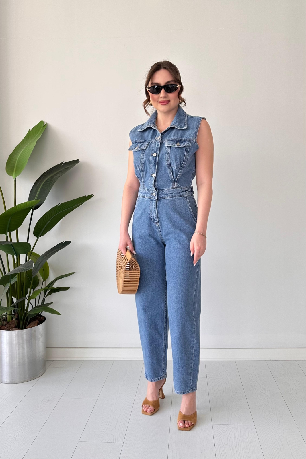 Kolsuz Denim Tulum Lacivert - Thumbnail