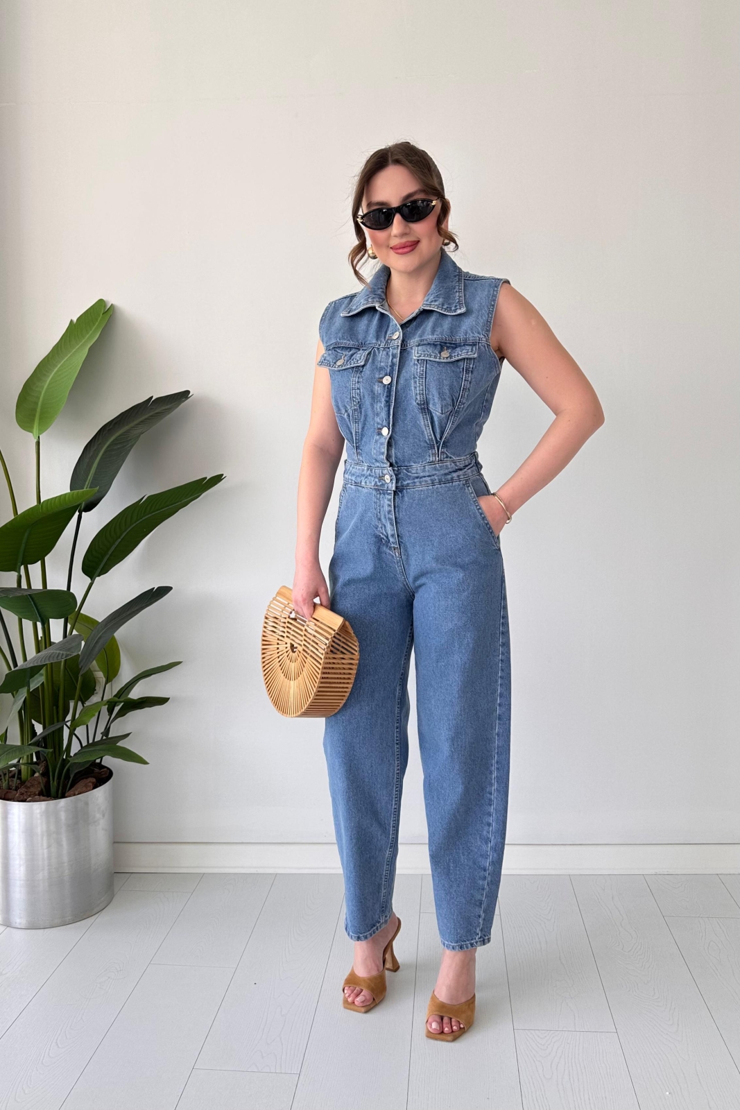 Kolsuz Denim Tulum Lacivert - Thumbnail