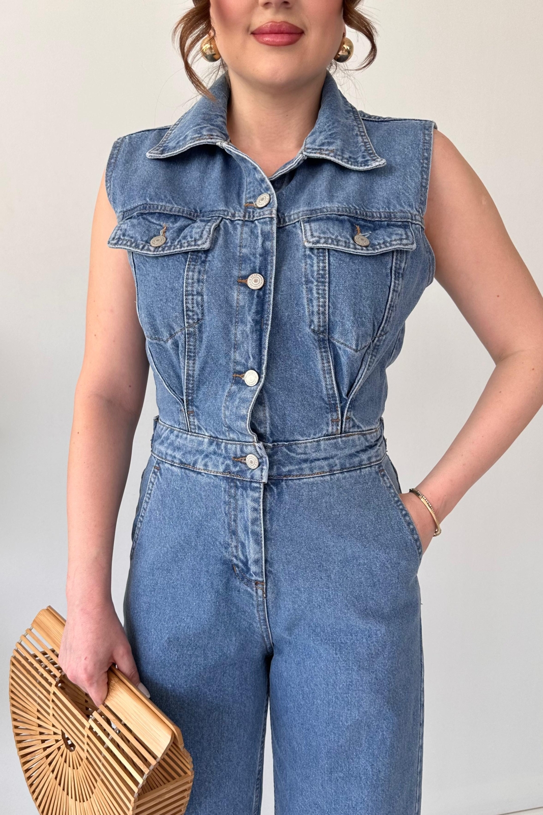 Kolsuz Denim Tulum Lacivert - Thumbnail