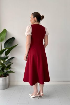 Kolu Tüllü Kloş Elbise Bordo - Thumbnail
