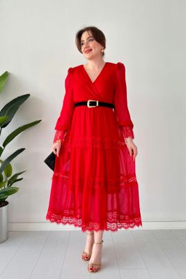 Kruvaze Kemerli Dantelli Şifon Elbise Kırmızı - Thumbnail