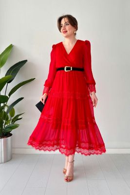 Kruvaze Kemerli Dantelli Şifon Elbise Kırmızı - Thumbnail