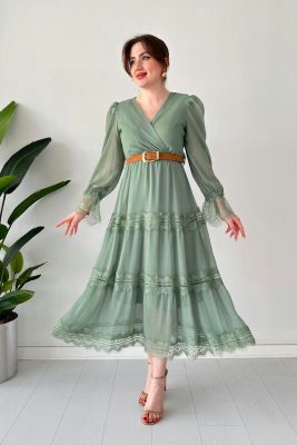 Kruvaze Kemerli Dantelli Şifon Elbise Mint Yeşili - Thumbnail