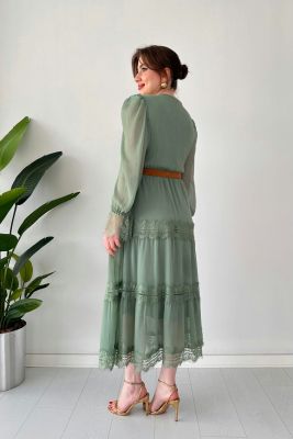 Kruvaze Kemerli Dantelli Şifon Elbise Mint Yeşili - Thumbnail