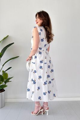 Kruvaze Mavi Çiçek Poplin Elbise Beyaz - Thumbnail