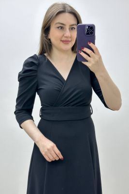 Kumaş Kemerli Krep Elbise Siyah - Thumbnail