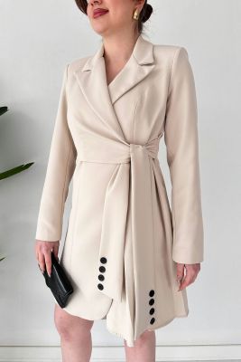 Kuşaklı Ceket Elbise Krem - Thumbnail