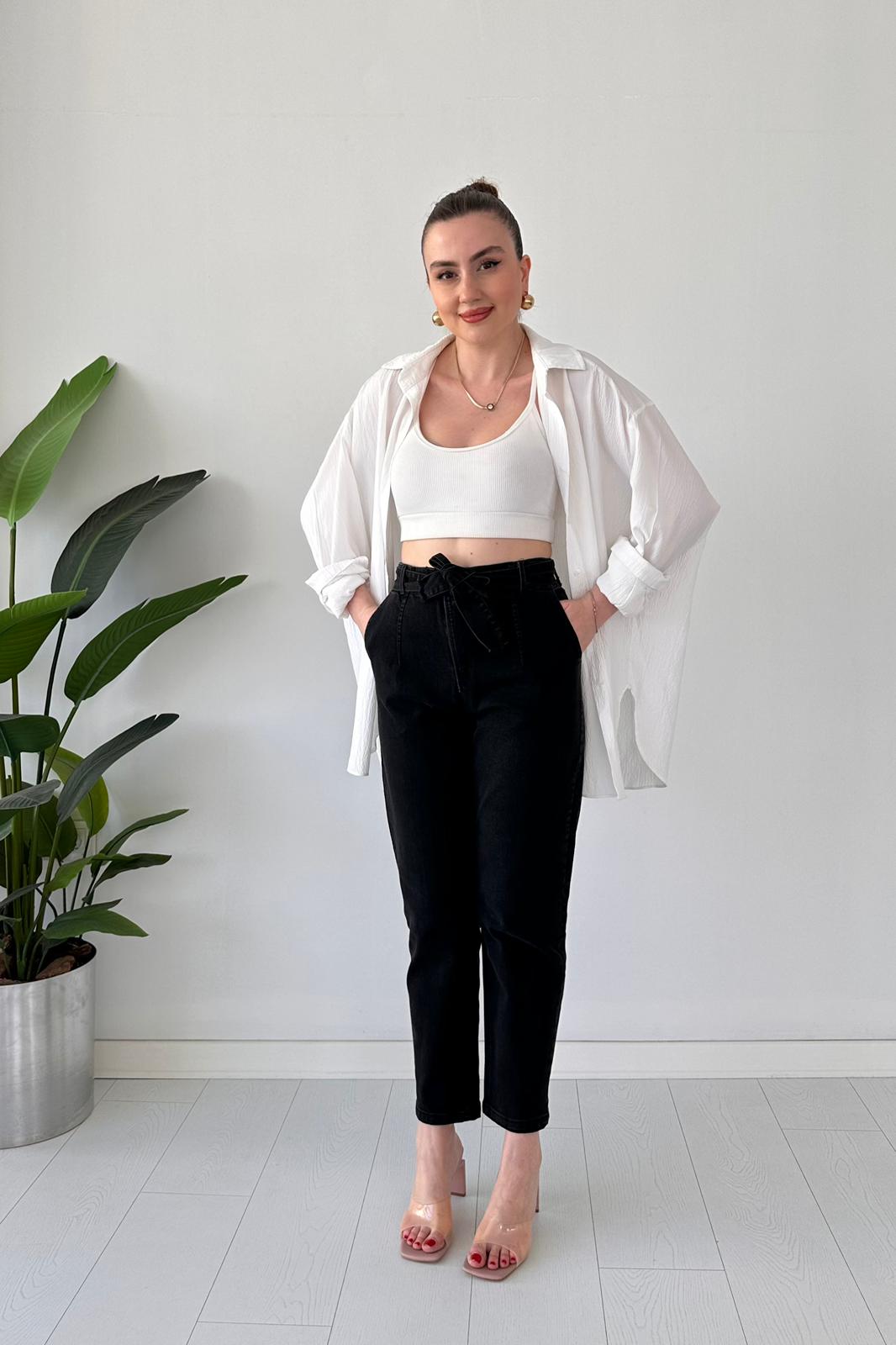 Kuşaklı Jean Siyah - Thumbnail