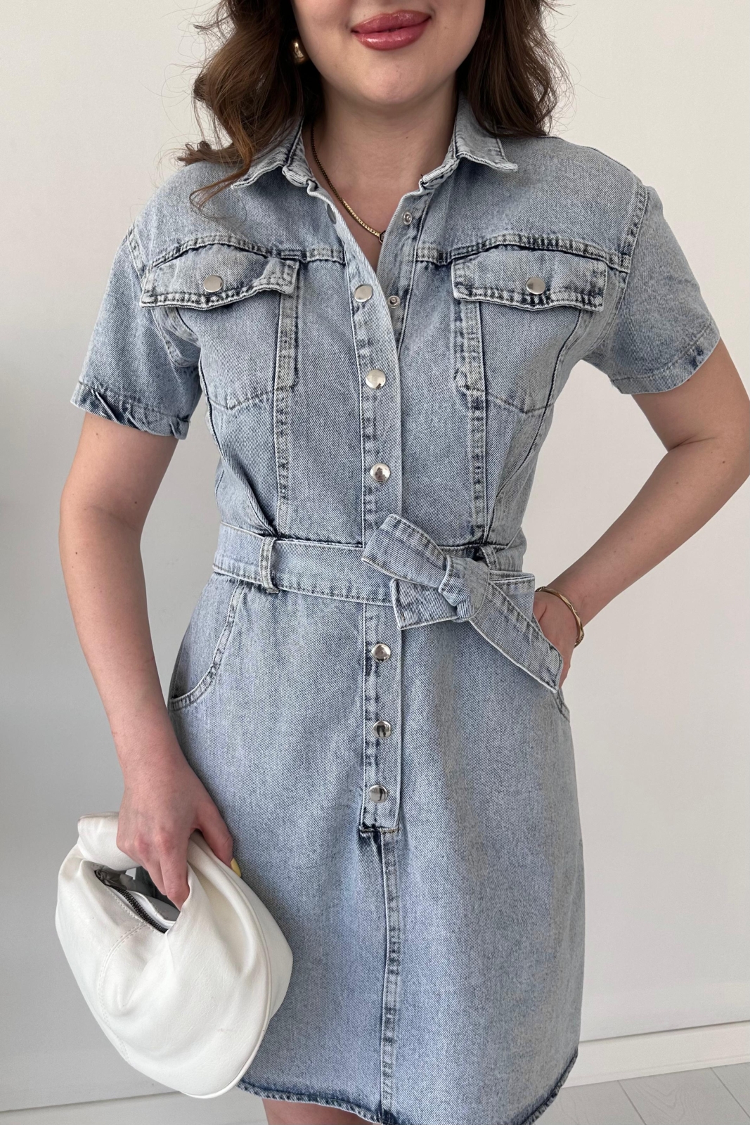 Kuşaklı Kısa Kol Denim Elbise Mavi - Thumbnail