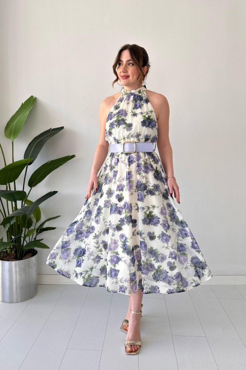 Robe en mousseline de soie à col licou Lily Lilas