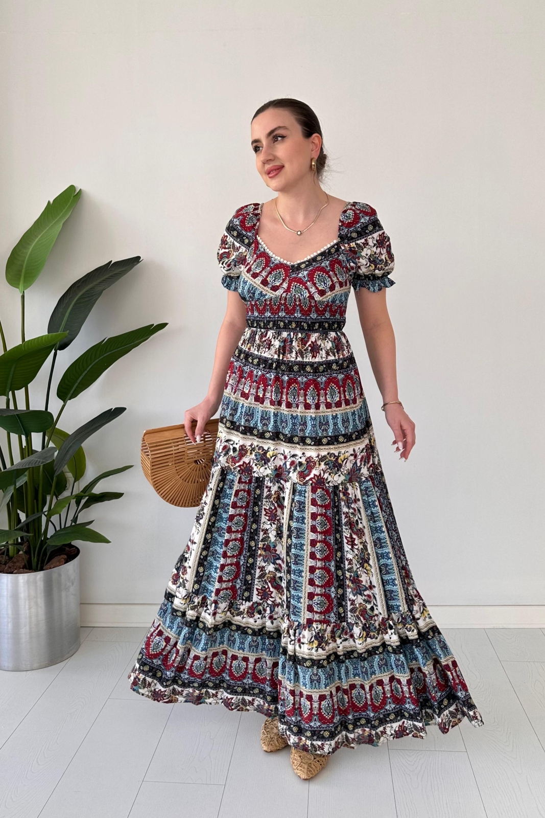 Maksi Patchwork Elbise Renkli - Thumbnail