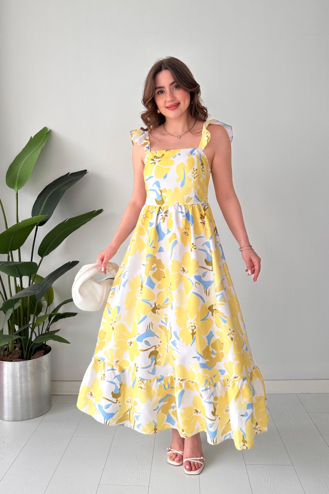 Manolya Poplin Elbise Sarı - Thumbnail