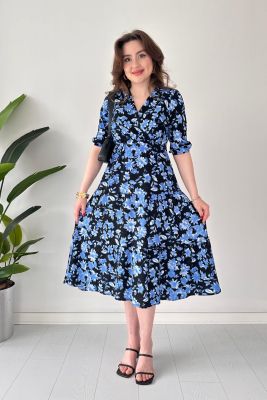 Mavi Çiçekli Bürümcük Elbise Mavi - Thumbnail