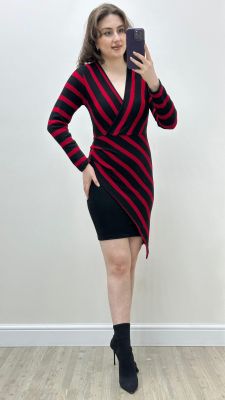 Mendil Etekli Triko Elbise Kırmızı - Thumbnail