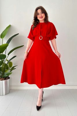 Midi Boy Tasarım Elbise Kırmızı - Thumbnail
