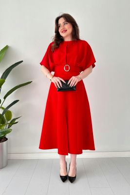 Midi Boy Tasarım Elbise Kırmızı - Thumbnail