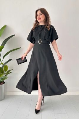 Midi Boy Tasarım Elbise Siyah - Thumbnail