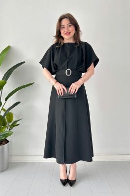 Midi Boy Tasarım Elbise Siyah - Thumbnail