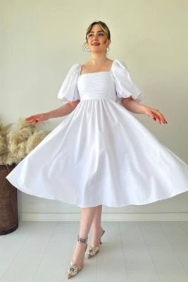 Midi Fiyonk Elbise Beyaz - Thumbnail