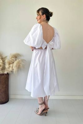 Midi Fiyonk Elbise Beyaz - Thumbnail