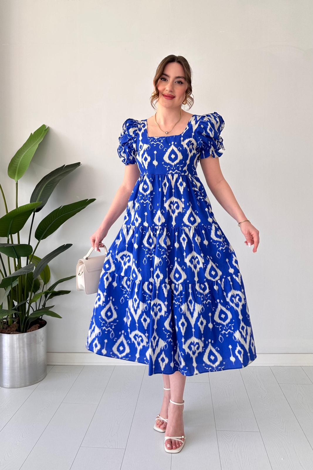 Motif Poplin Elbise Mavi - Thumbnail