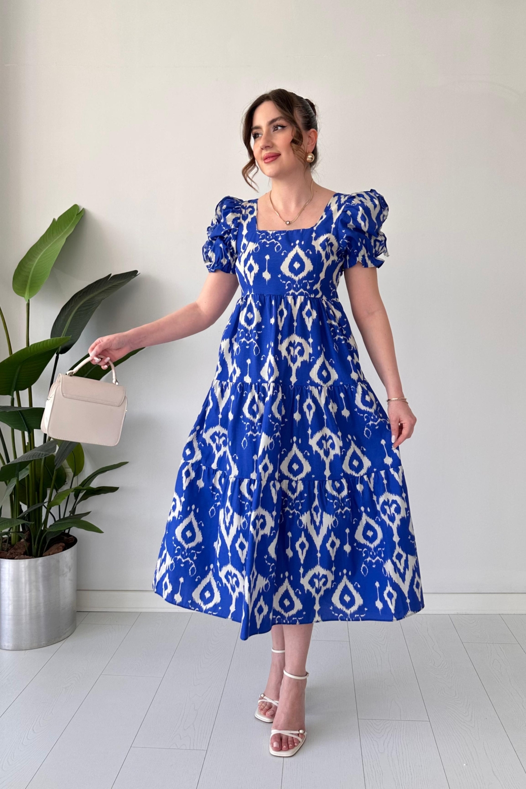Motif Poplin Elbise Mavi - Thumbnail