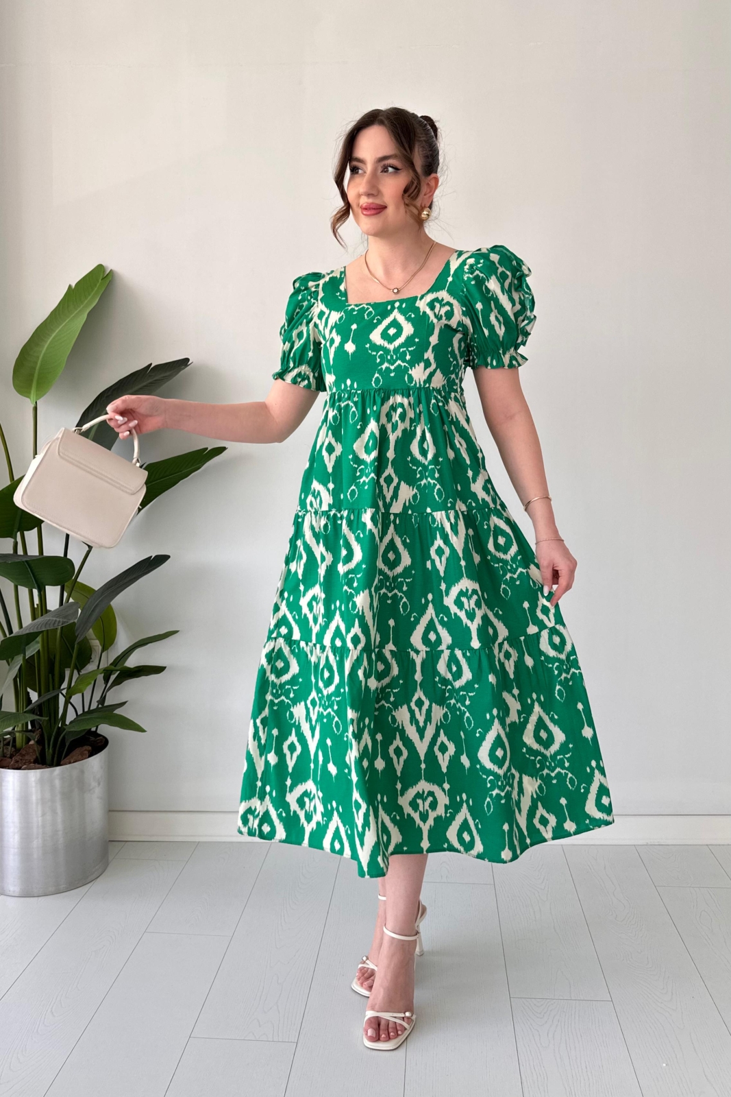 Motif Poplin Elbise Yeşil - Thumbnail