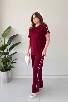 Omuz Düğmeli İkili Takım Bordo - Thumbnail