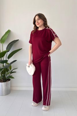 Omuz Düğmeli İkili Takım Bordo - Thumbnail