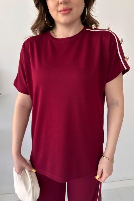 Omuz Düğmeli İkili Takım Bordo - Thumbnail