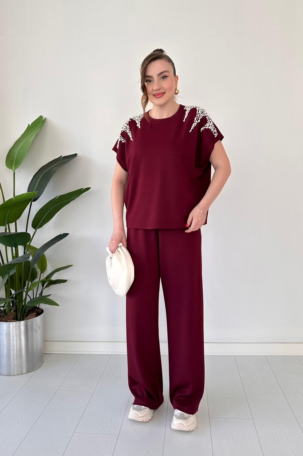 Modal Suit with Pearls on the Shoulders, Burgundy