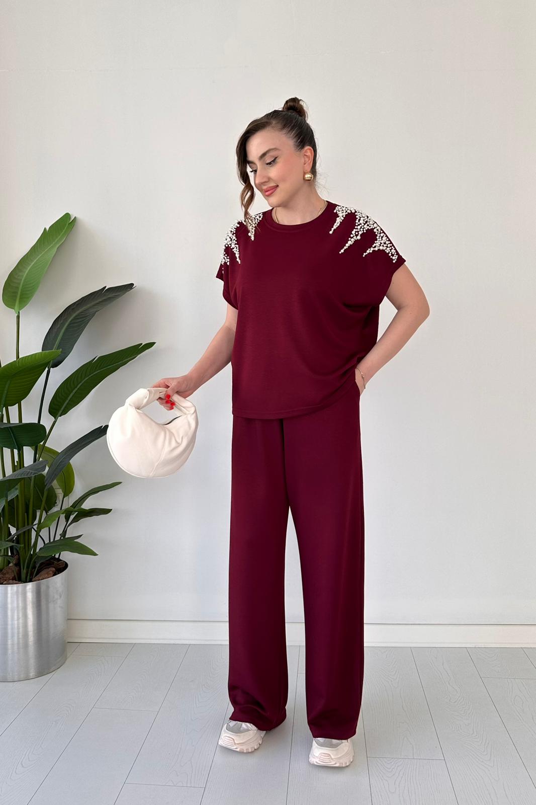 Modal Suit with Pearls on the Shoulders, Burgundy