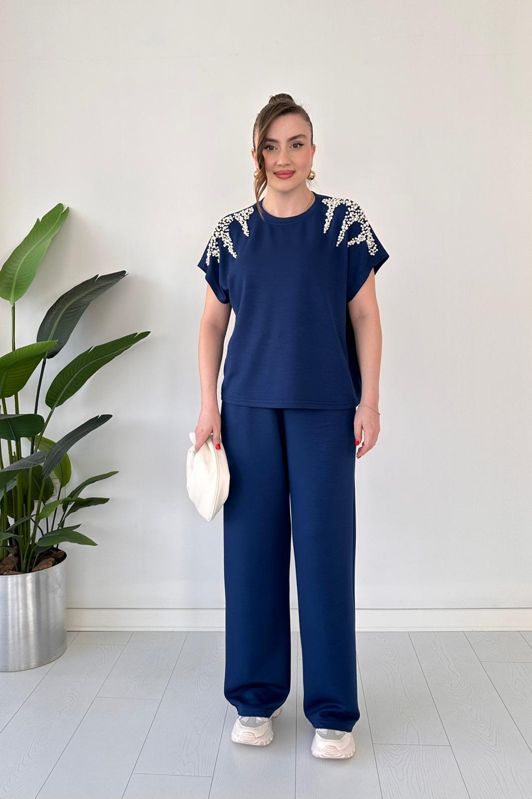 Modal Suit with Pearls on the Shoulders, Navy Blue