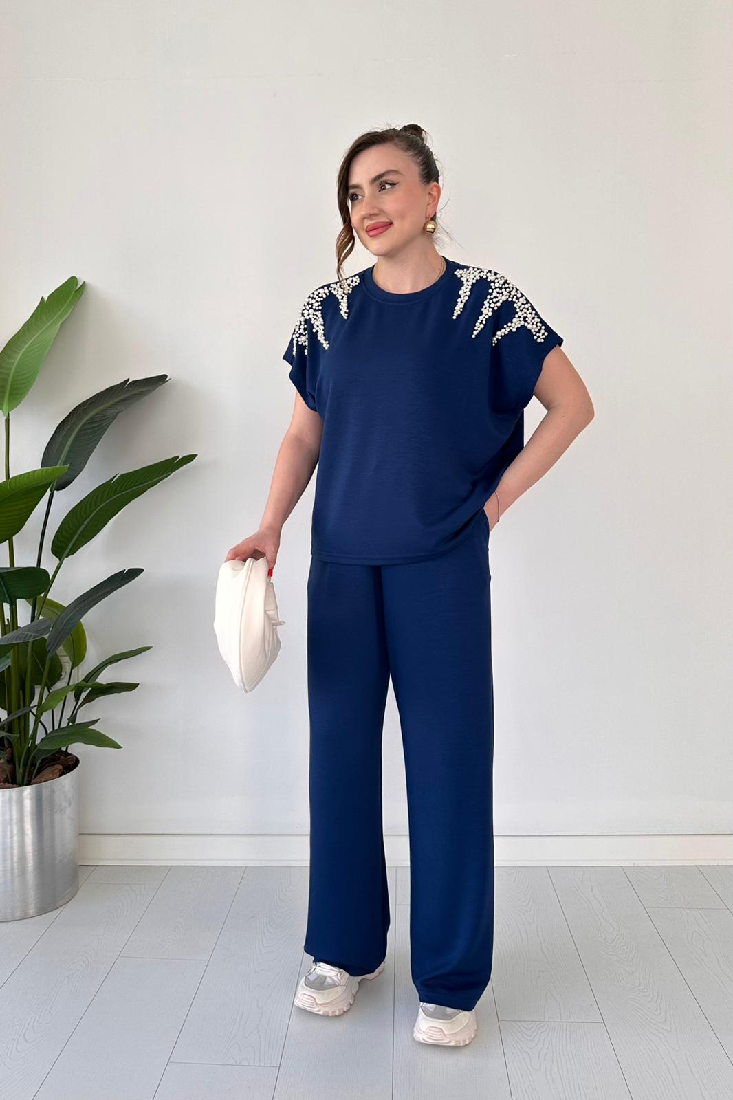 Modal Suit with Pearls on the Shoulders, Navy Blue