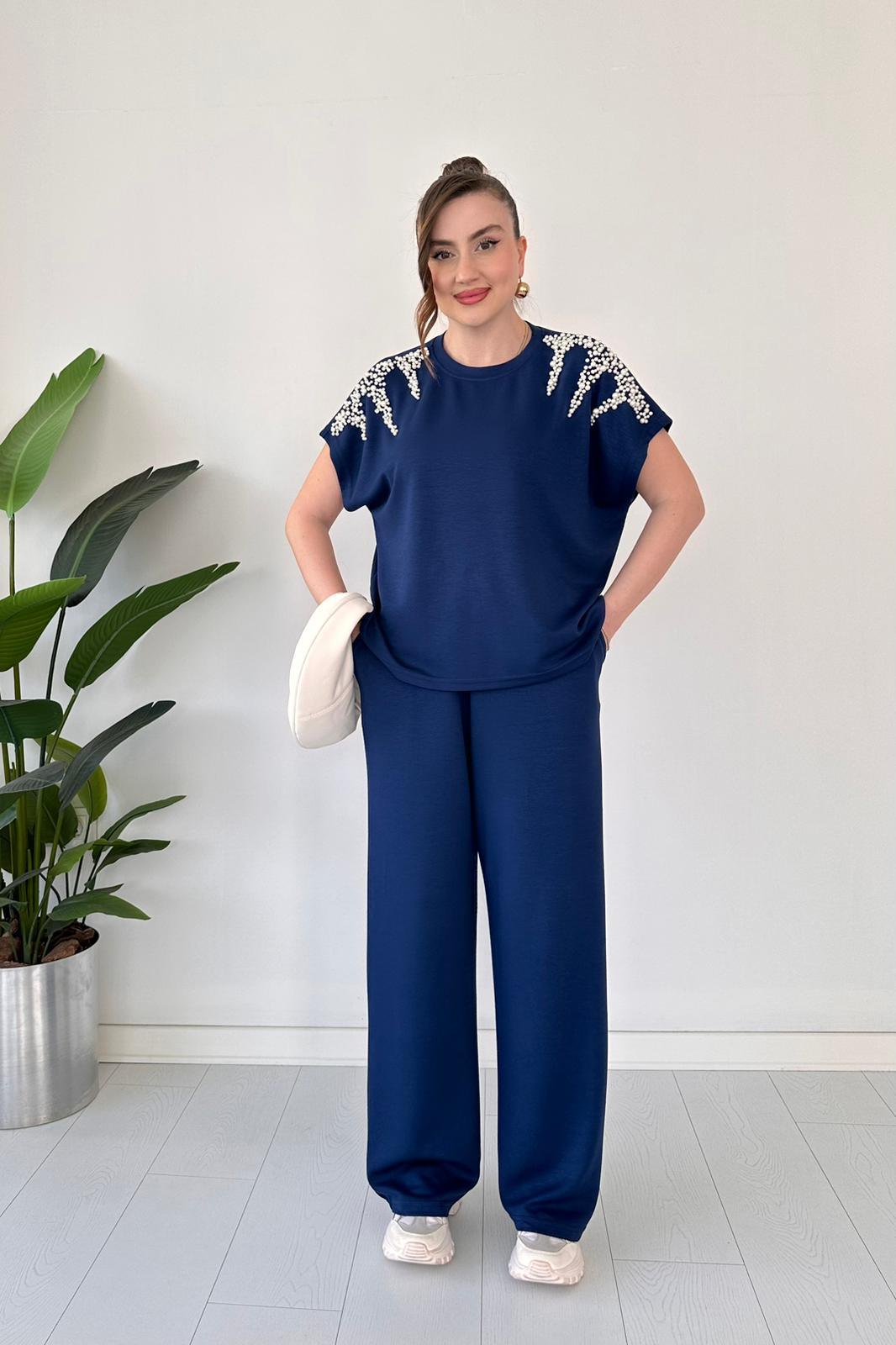 Modal Suit with Pearls on the Shoulders, Navy Blue