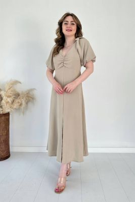 Önü Büzgülü Elbise Bej - Thumbnail