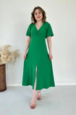 Önü Büzgülü Elbise Yeşil - Thumbnail