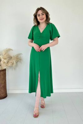 Önü Büzgülü Elbise Yeşil - Thumbnail