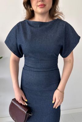 Orta Drapeli Denim Elbise Lacivert - Thumbnail
