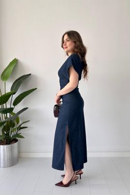 Orta Drapeli Denim Elbise Lacivert - Thumbnail